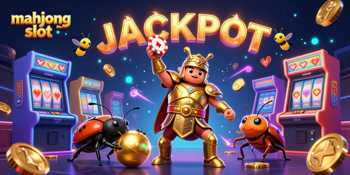 Experience mahjong slot excitement with a hero beetle lifting a poker chip amid vibrant gaming elements.