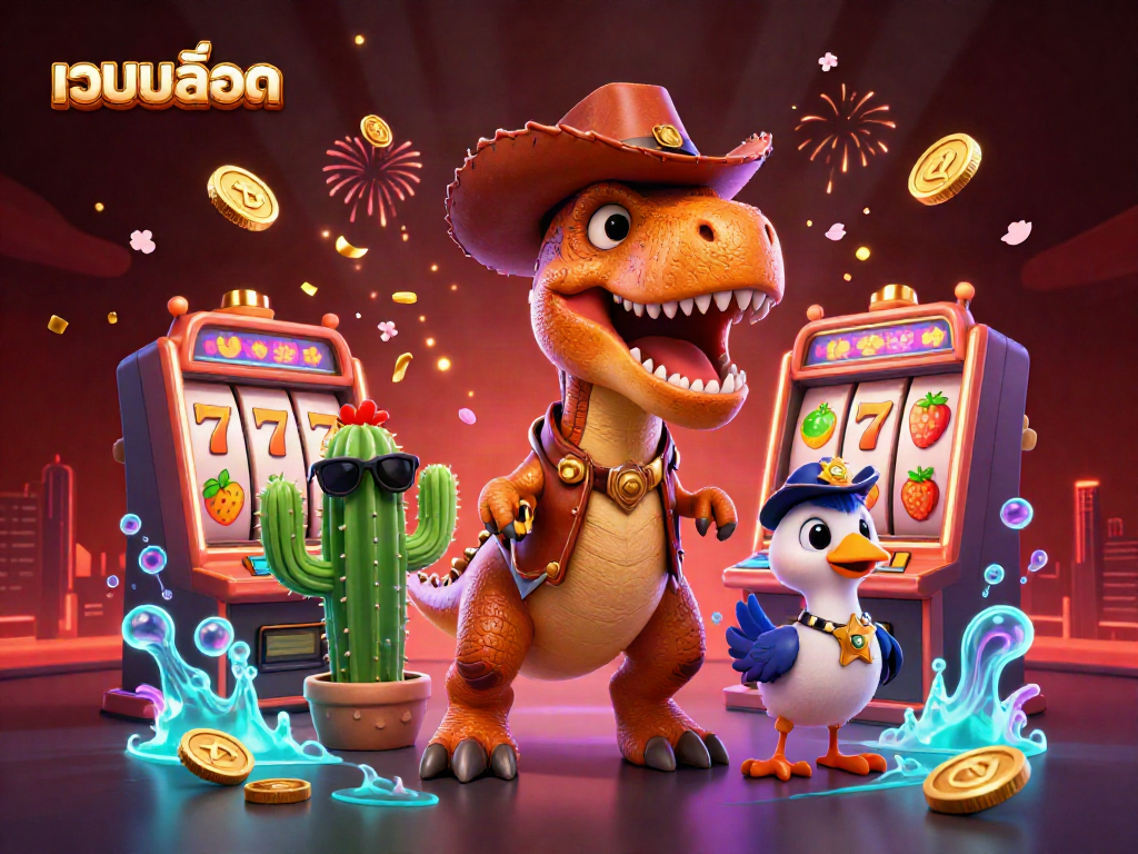 Spin the reels of เว็บสล็อต with a vibrant 3D scene featuring a cowboy dinosaur and lucky symbols.