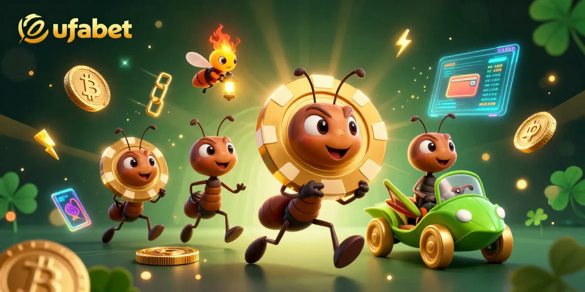 Experience exciting gambling adventures with ufabet as ants carry a giant poker chip in a vibrant heist scene.