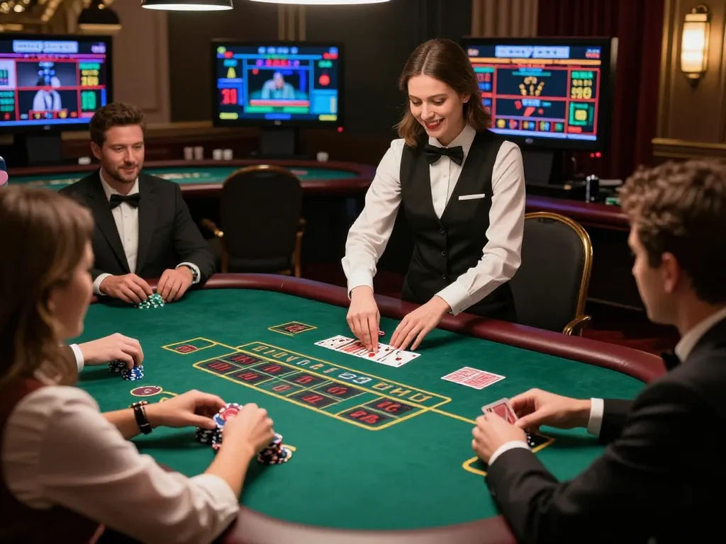 Players engage in an exciting game at king33 live dealer baccarat table, showcasing vibrant gameplay.