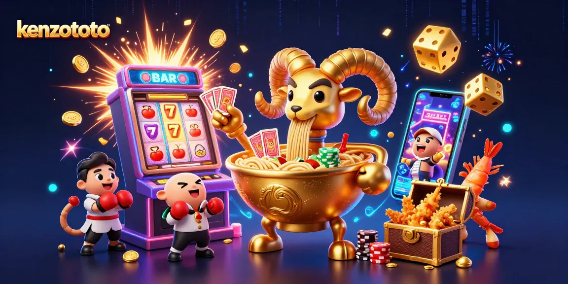 Kenzototo showcases a vibrant 3D illustration of engaging casino elements with dynamic characters and a jackpot explosion.