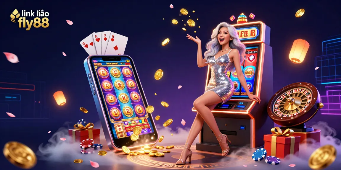 Spin to win with exciting features link vào fly88 as a glamorous woman celebrates her jackpot!