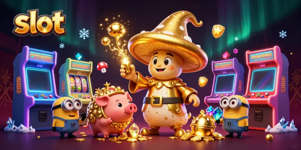 Experience thrilling slot adventures with vibrant 3D characters in a magical casino setting.