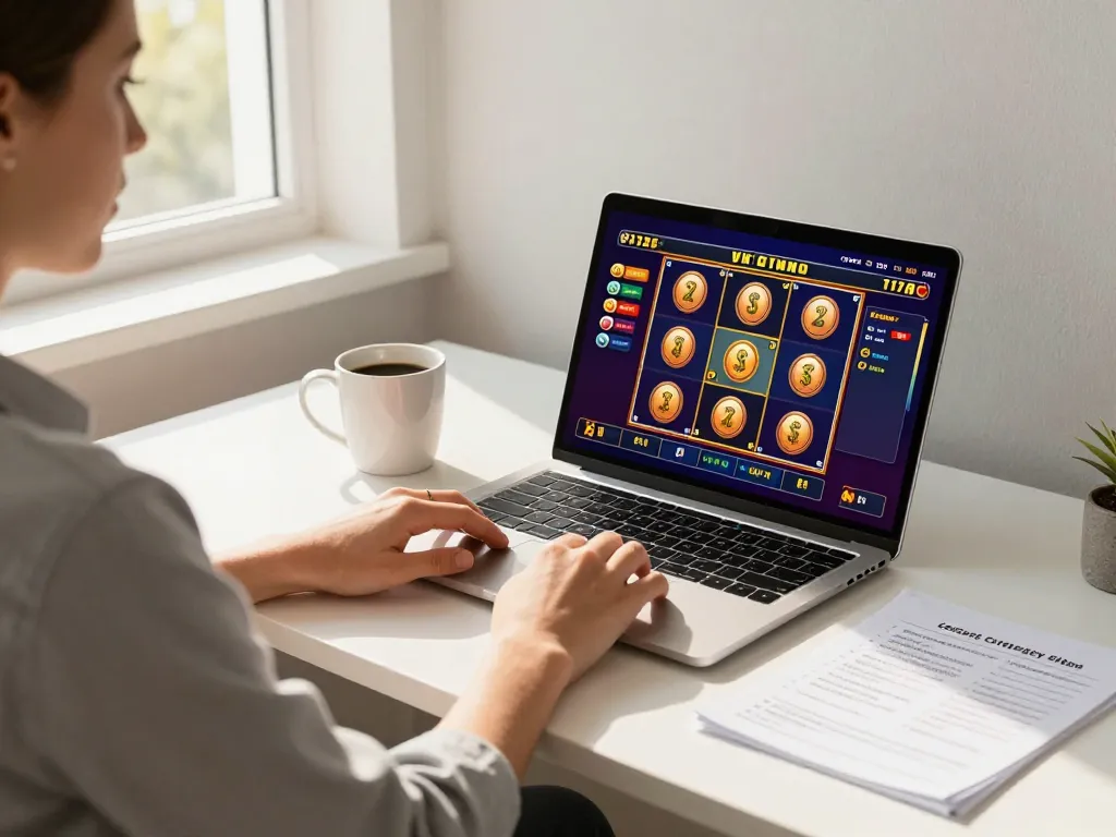 situs slot game interface showcased on laptop in a modern home gaming room setting