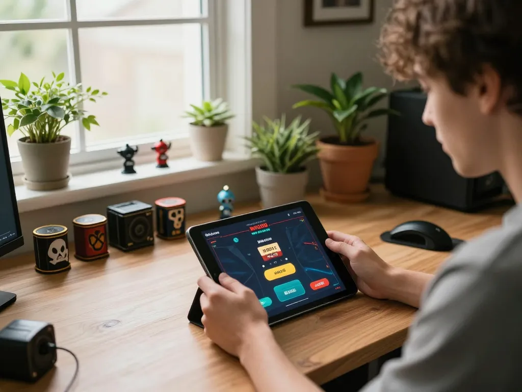 Engaging in Rút tiền KO66 using a tablet in a cozy gaming setup at home.