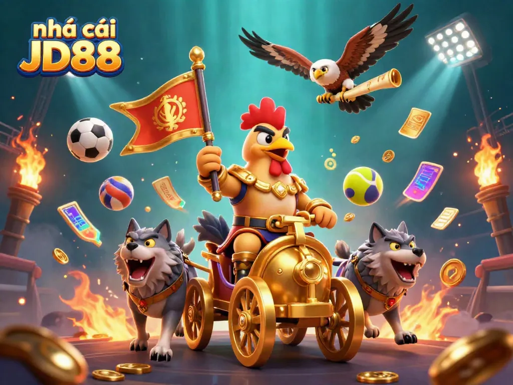 Enhance your gaming experience at nhà cái JD88 with this vibrant illustration showcasing dynamic sports and casino elements.