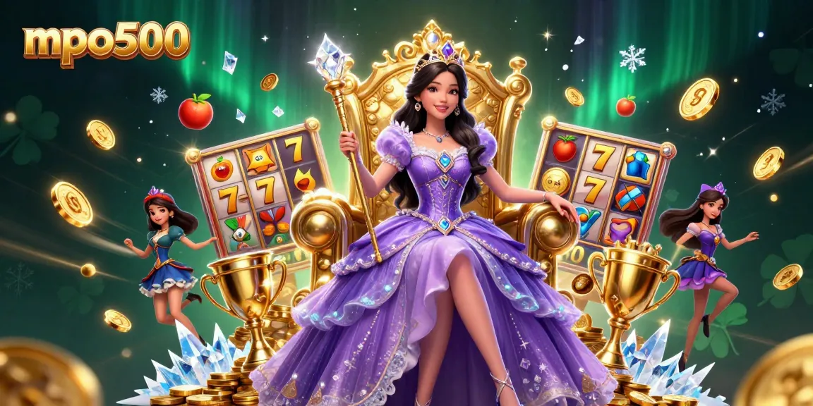 Engage with mpo500's vibrant 3D illustration showcasing slot machines and an elegant princess theme.