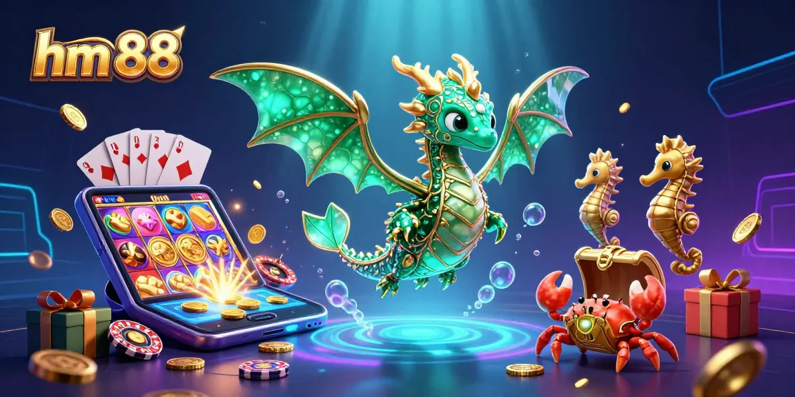 Immerse yourself in the vibrant world of hm 88, featuring a dragon, seahorse guard, and treasure chest amidst lively casino elements.