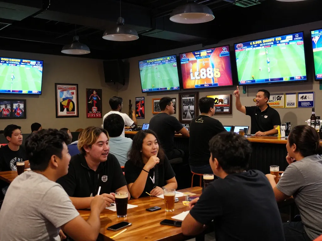 Experience the excitement of lc88 sports betting in a lively bar with multiple screens.