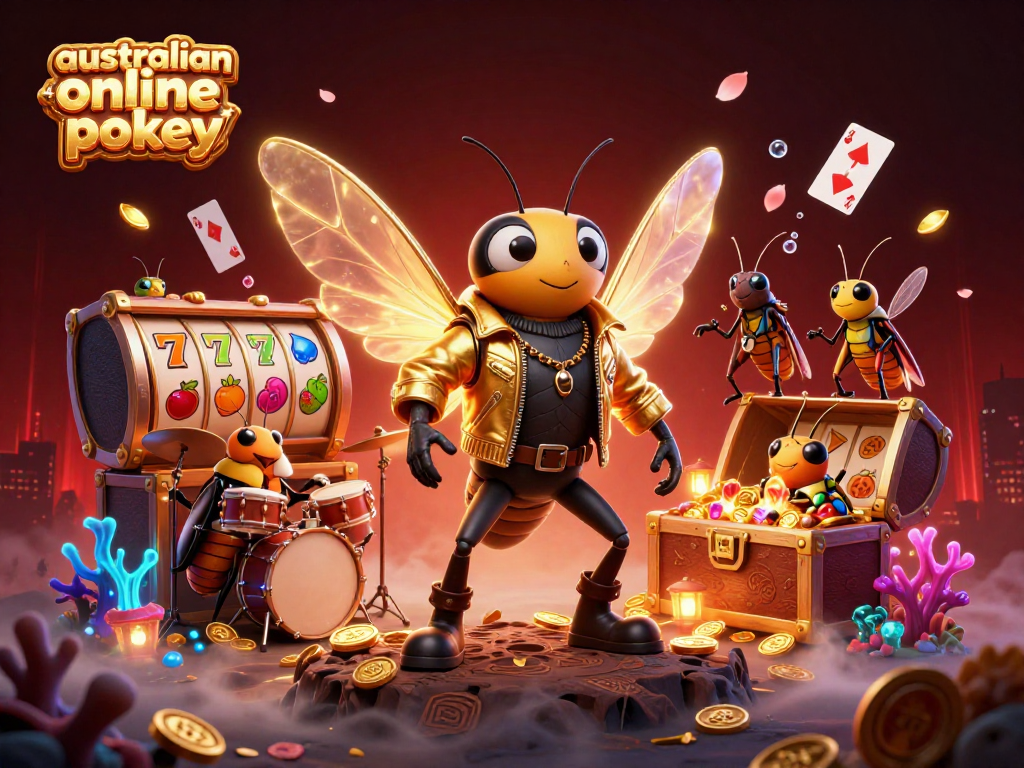 Play engaging australian online pokies with vibrant characters and exciting symbols in a colorful casino scene.