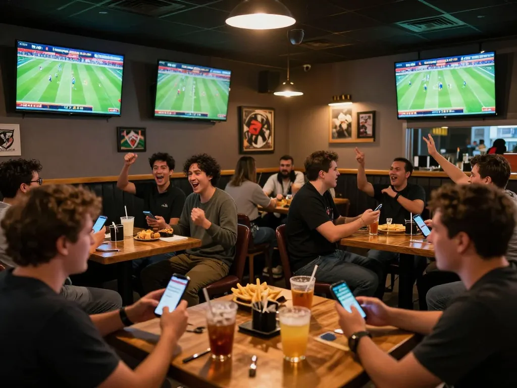 Patrons using smartphones for trang cá cược bóng đá in an energetic sports bar during live matches.