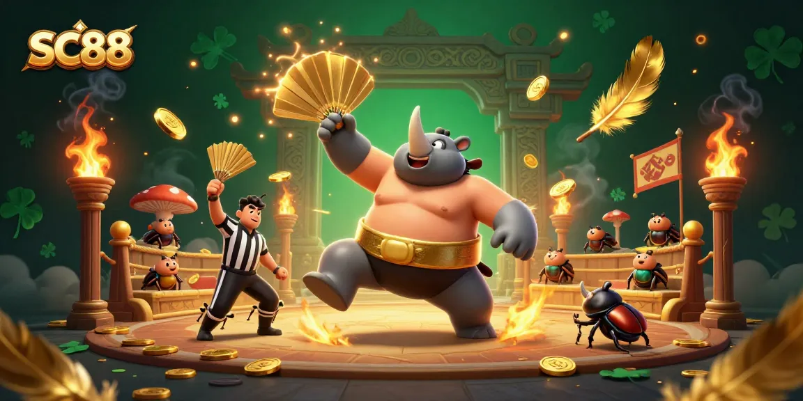 SC88 betting scene with a sumo beetle champion, dynamic coins flying, and cricket referee action.