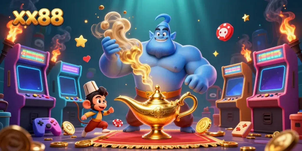 Experience winning at xx88 with vivid 3D characters like a genie and poker chips in action.