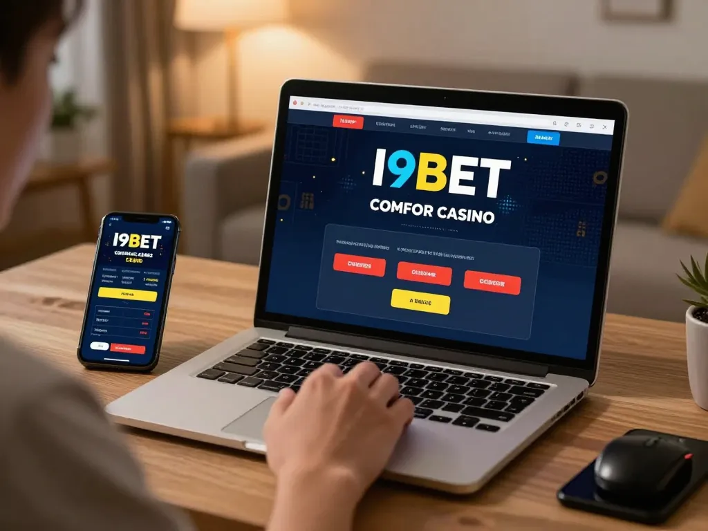 I9BET user placing bets on a laptop in a cozy home office, highlighting online gambling strategy.