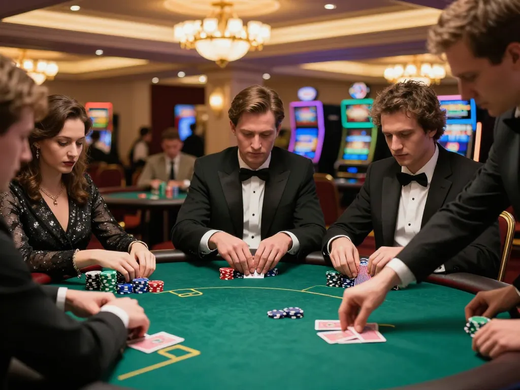 Players strategizing over a poker game at the luxurious Go8 casino, showcasing intense gameplay.