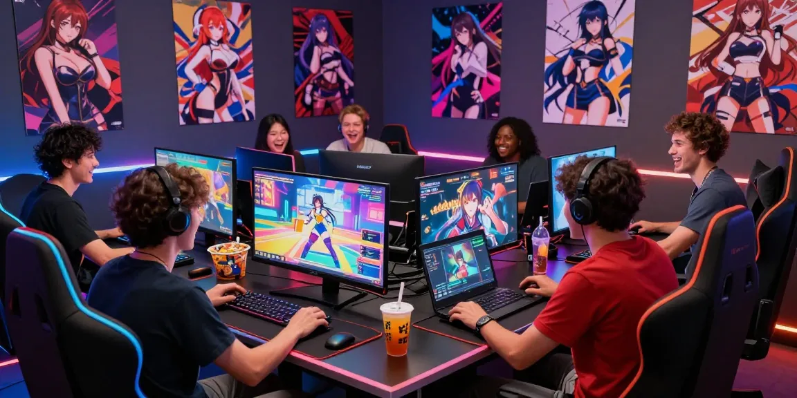 Engaged adults playing a hentai game in a bright gaming room with animated visuals.