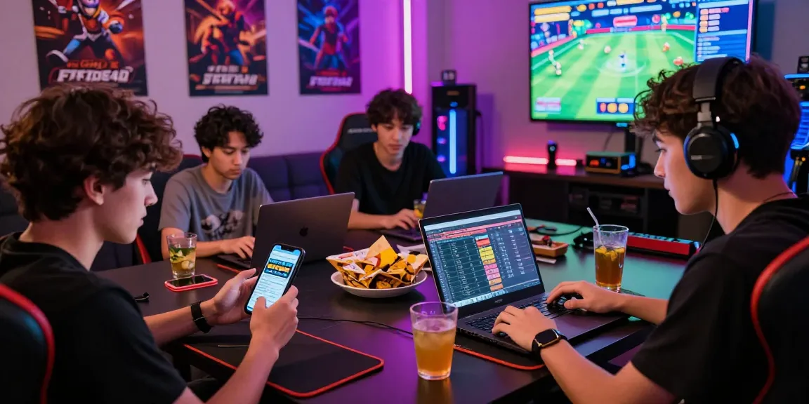 Players enjoying pakde4d online togel on devices in a vibrant gaming room.
