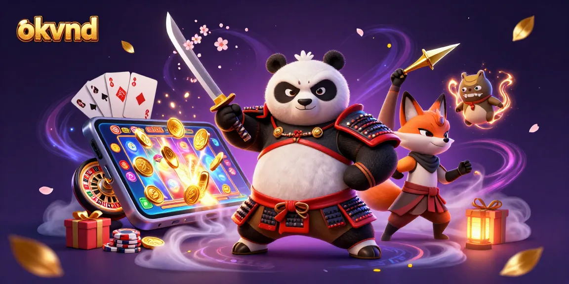 Engage with okvnd in this vibrant 3D scene of samurai panda and friends surrounded by thrilling casino elements.