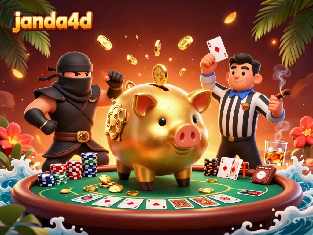 Permainan janda4d ditampilkan dengan tokoh kartun dan elemen kasino berwarna-warni yang menarik.