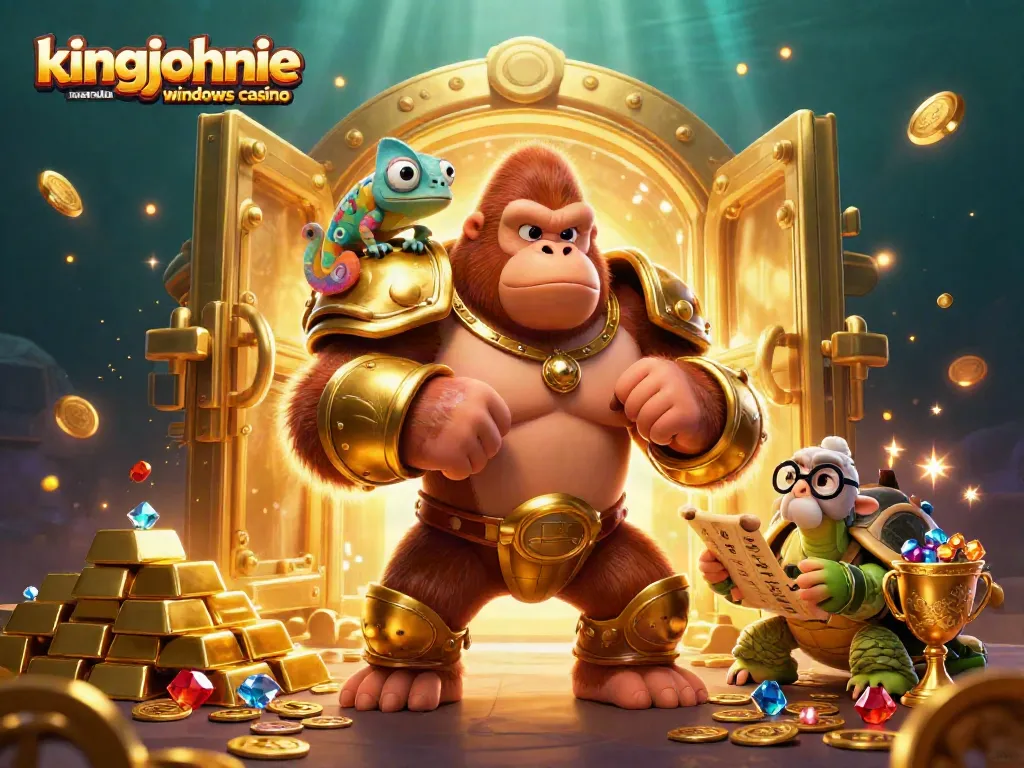 Experience the excitement of kingjohnnie australia windows casino with vibrant characters and treasures in a dazzling scene.