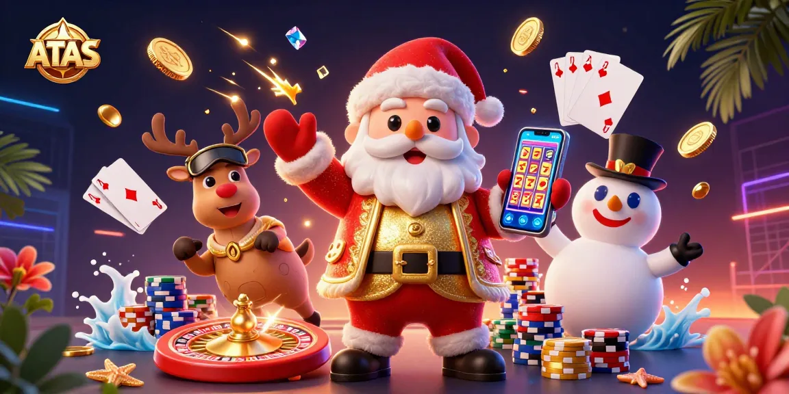 Win big at ATAS Casino with a lively scene featuring Santa, a reindeer dealer, and a poker chip snowman.