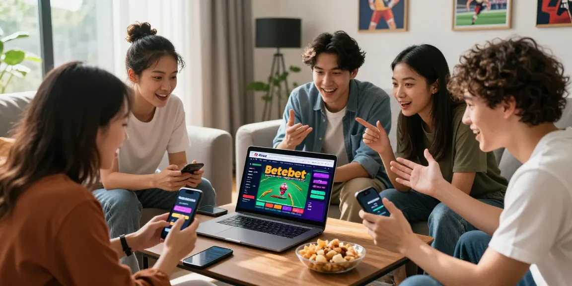 Group of friends engaging with Betebet online betting platform in a stylish living room.