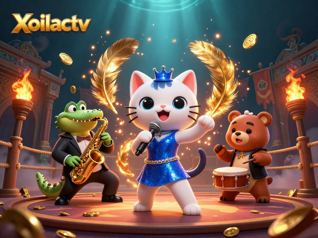 Xoilactv presents a lively 3D illustration of a jazz-singer cat, saxophone crocodile, and drum bear cub performing at a vibrant casino stage.