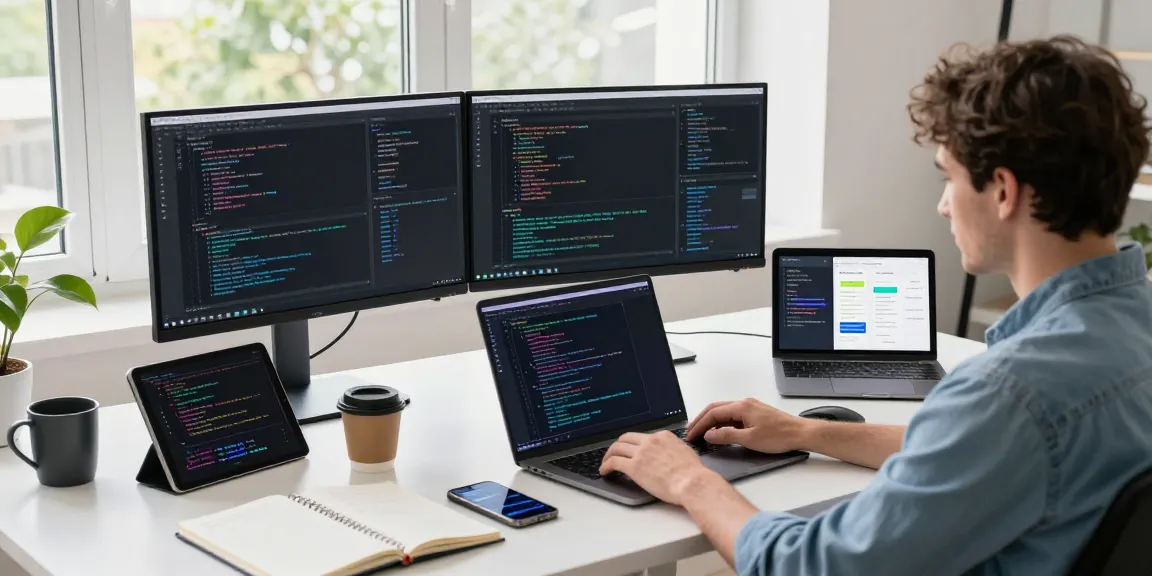MoltBot AI enhancing productivity in a modern tech workspace with multiple devices and coding elements.