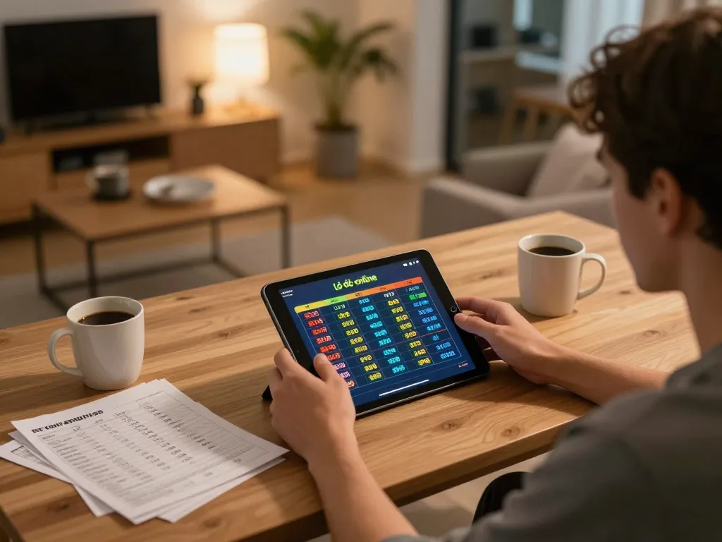 Lô đề online enthusiast engaged in a home gaming session, analyzing numbers and strategies.