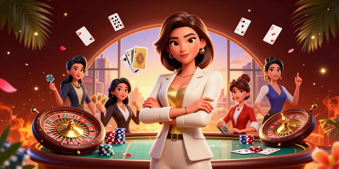 NEW88 features a glamorous Asian businesswoman at a casino table, showcasing poker elements and a lively atmosphere.