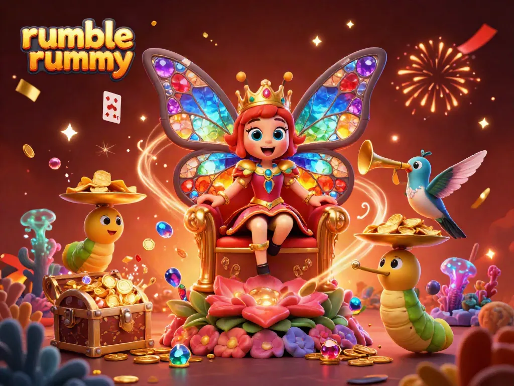 Experience thrilling gameplay with rumble rummy, featuring a vibrant 3D butterfly queen and dynamic gaming elements.