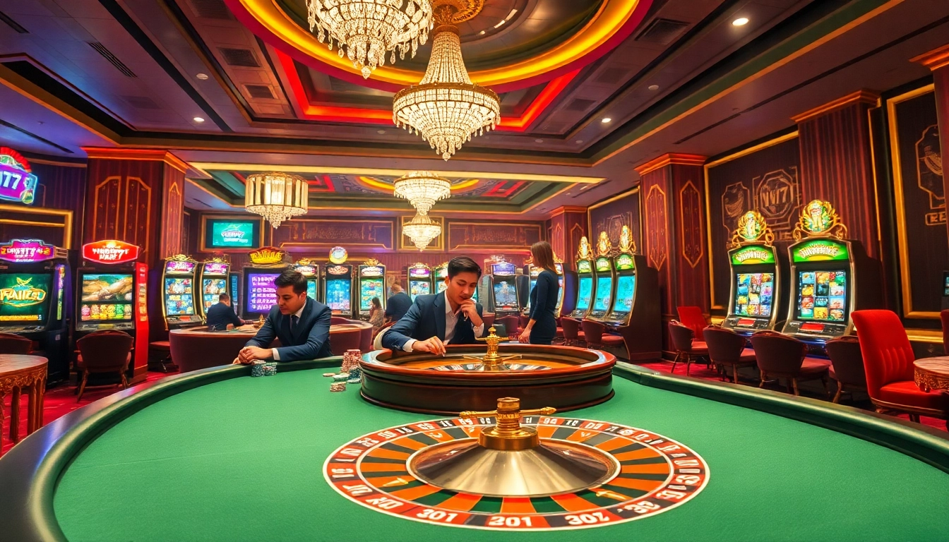 Excited players betting at Vin777's luxurious casino tables with slot machines in the background.