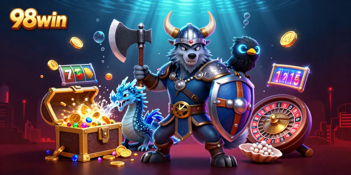 Engage with 98win's thrilling gaming action featuring a Viking warrior, dragon, and rich casino elements