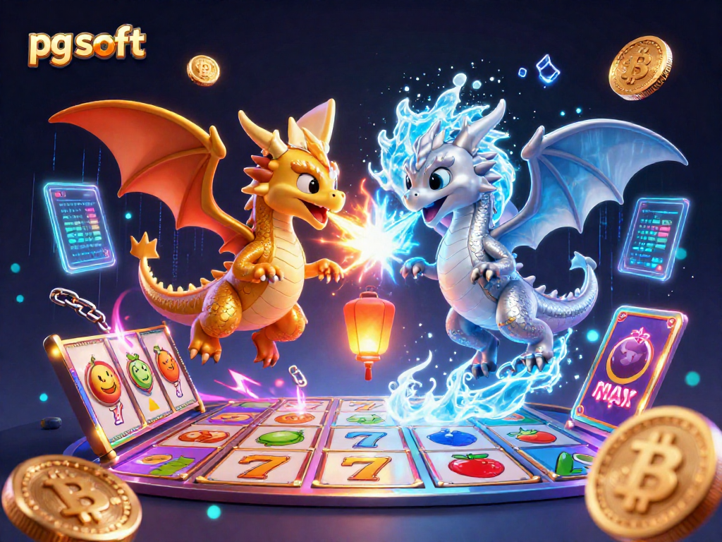 Spin the reels with pg soft in a vibrant 3D casino scene featuring dynamic dragons and cryptocurrency.
