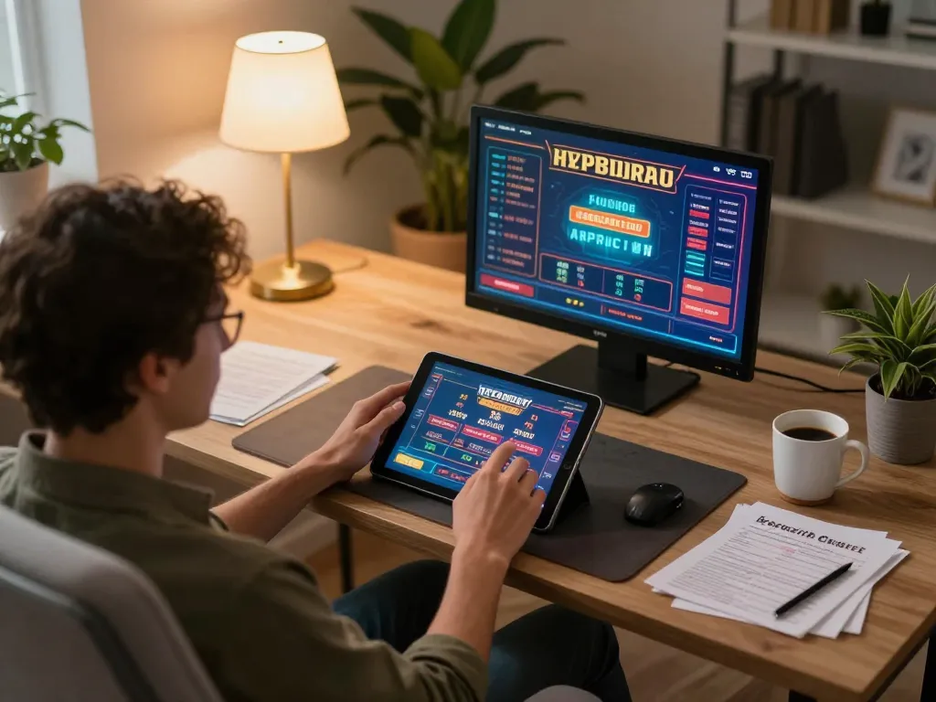 Terlibat dalam perjudian online dengan enoughof di tablet, menunjukkan permainan yang bertanggung jawab.