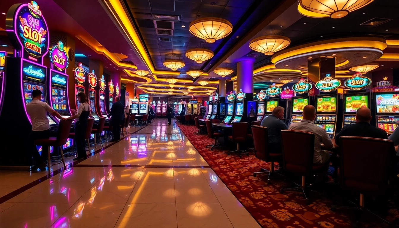 Players enjoying slot gacor machines in a vibrant casino setting, illuminated excitement.