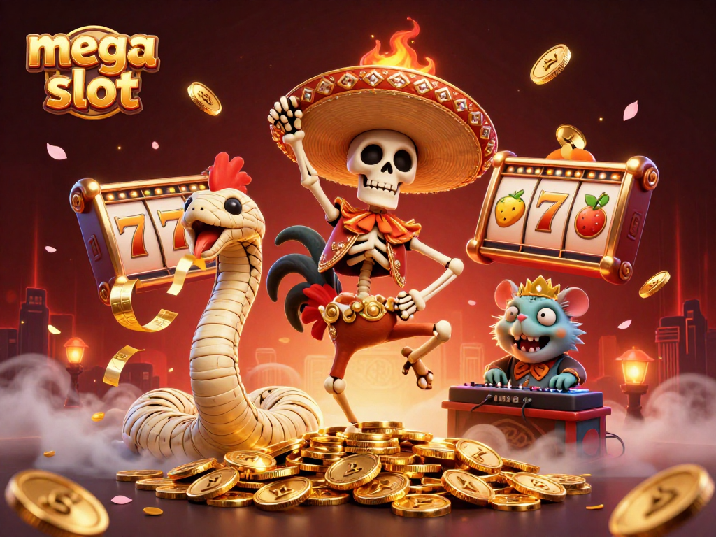 Experience gaming bliss with mega slot as a joyful rooster dances on golden coins surrounded by jackpots.