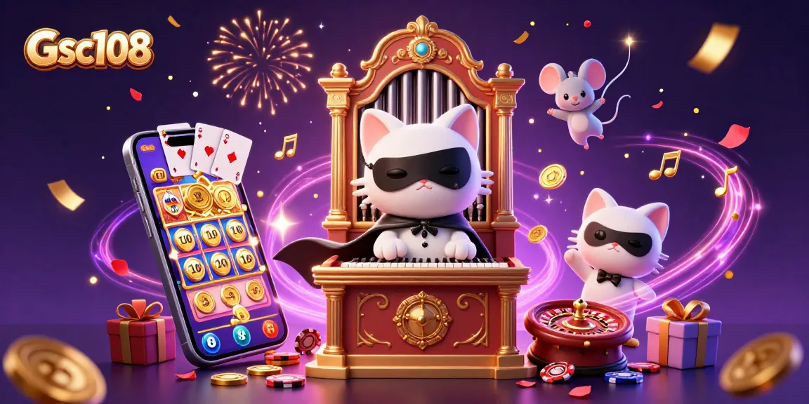 Gsc108 bermain slot dengan kucing putih berkostum opera dan akrobat tikus dalam suasana kasino yang meriah