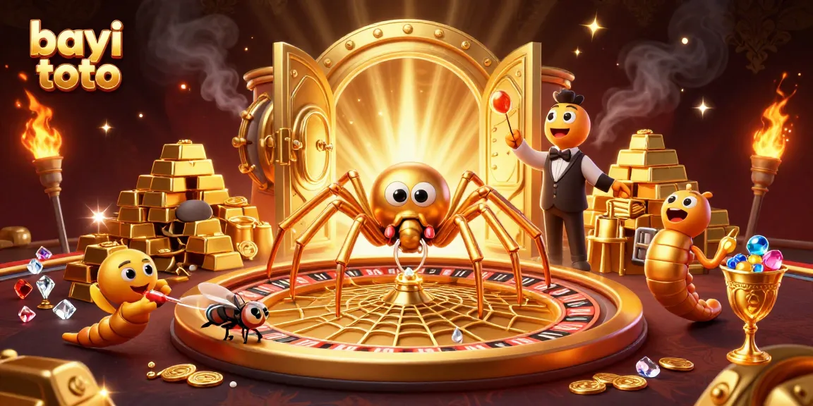 Bayi toto themed illustration of a golden spider and fly, showcasing a casino environment.