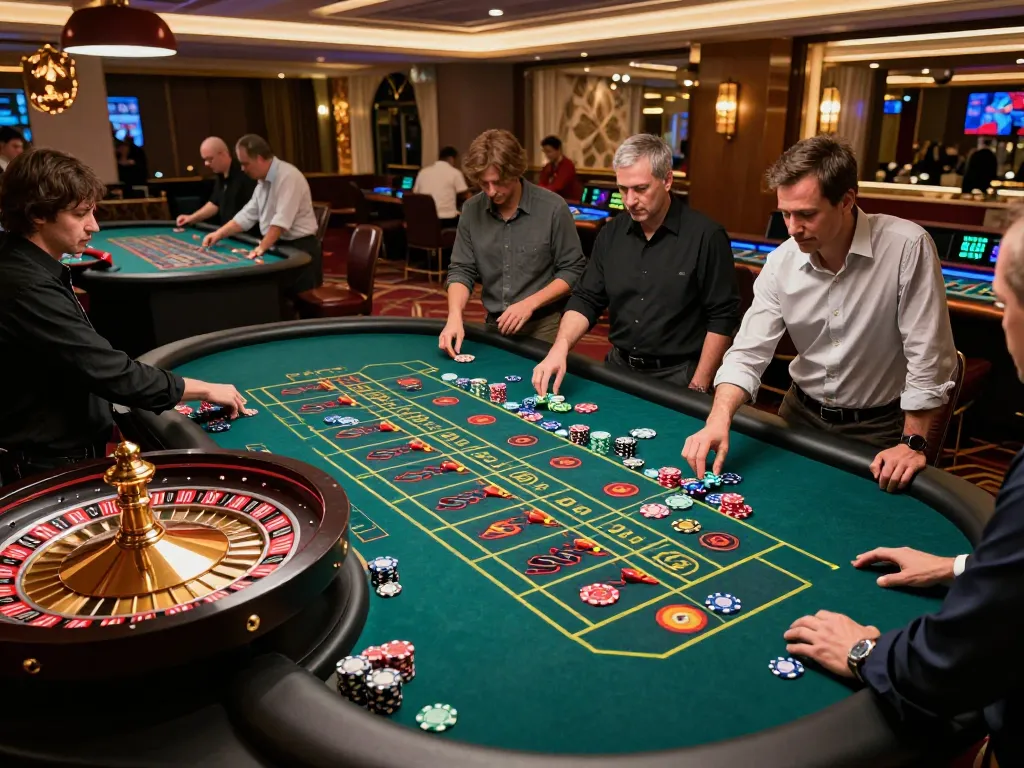 F8BET players engaging with roulette wheel, vibrant chips emphasize excitement and strategy.