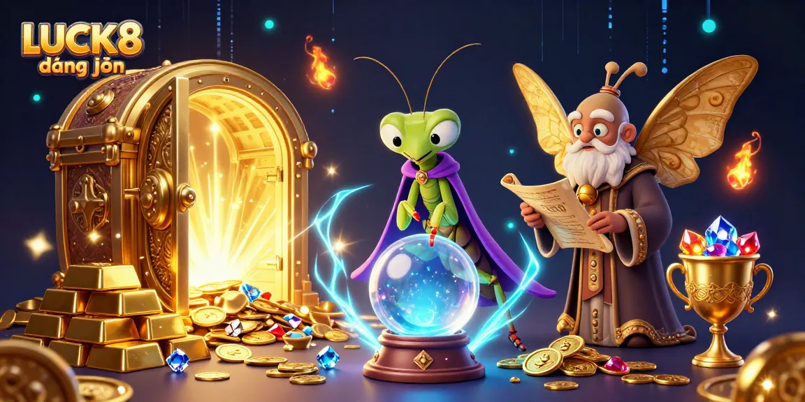 Engage with LUCK8 đăng nhập and discover vibrant 3D fortune teller characters surrounded by casino treasures.