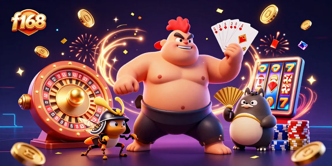 Experience f168's thrilling gaming atmosphere with a sumo rooster, samurai cricket, and tanuki announcer.