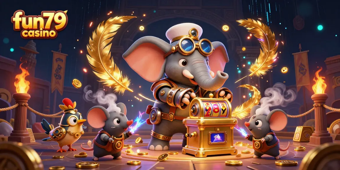 Engage in fun79 casino action with a steampunk elephant engineer at a vibrant slot machine.