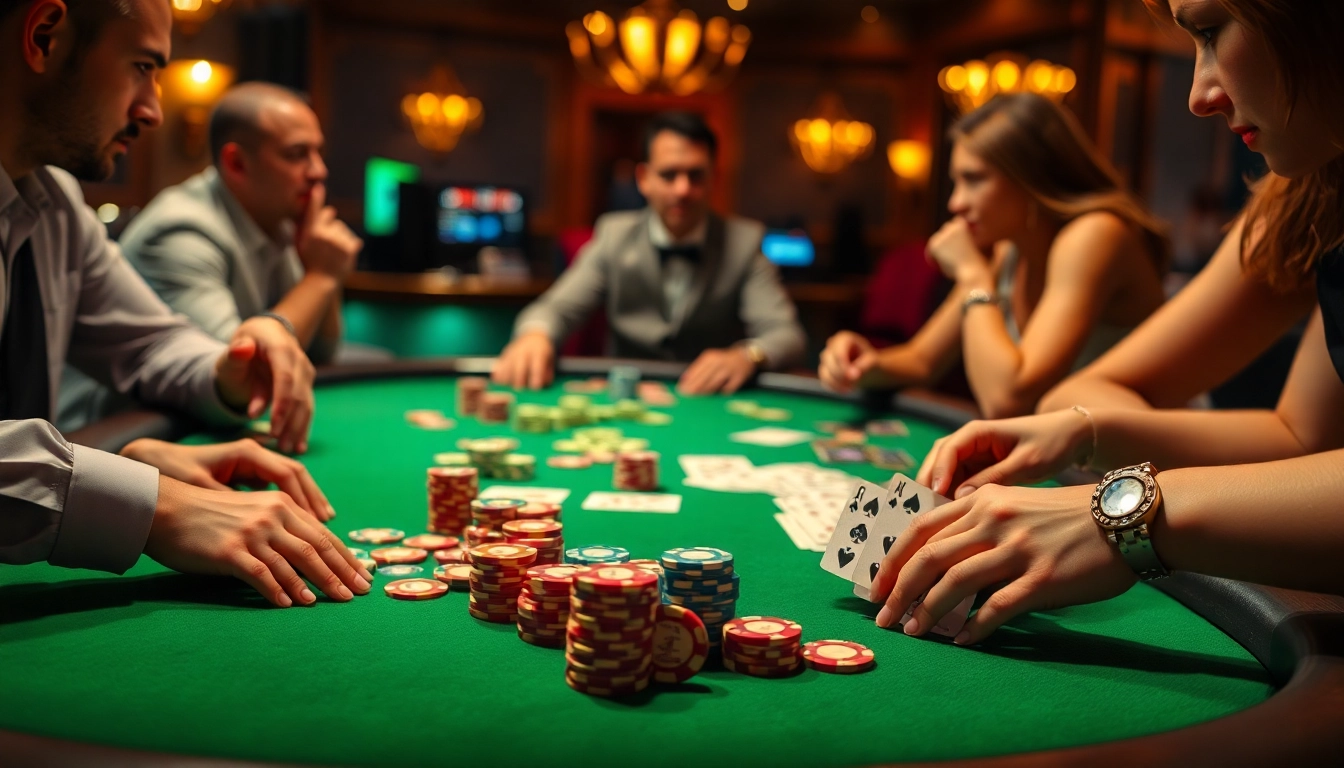 Engage in an exciting Poker Game with players and colorful chips on a casino table.
