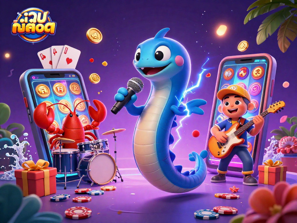 Play exciting เว็บสล็อต games with electric eel DJ and band in an underwater casino scene.