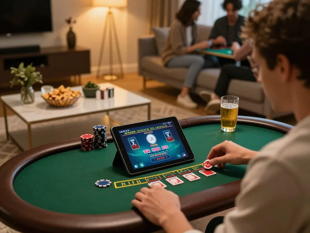 f8bet player enjoying live dealer blackjack on tablet in cozy home setting