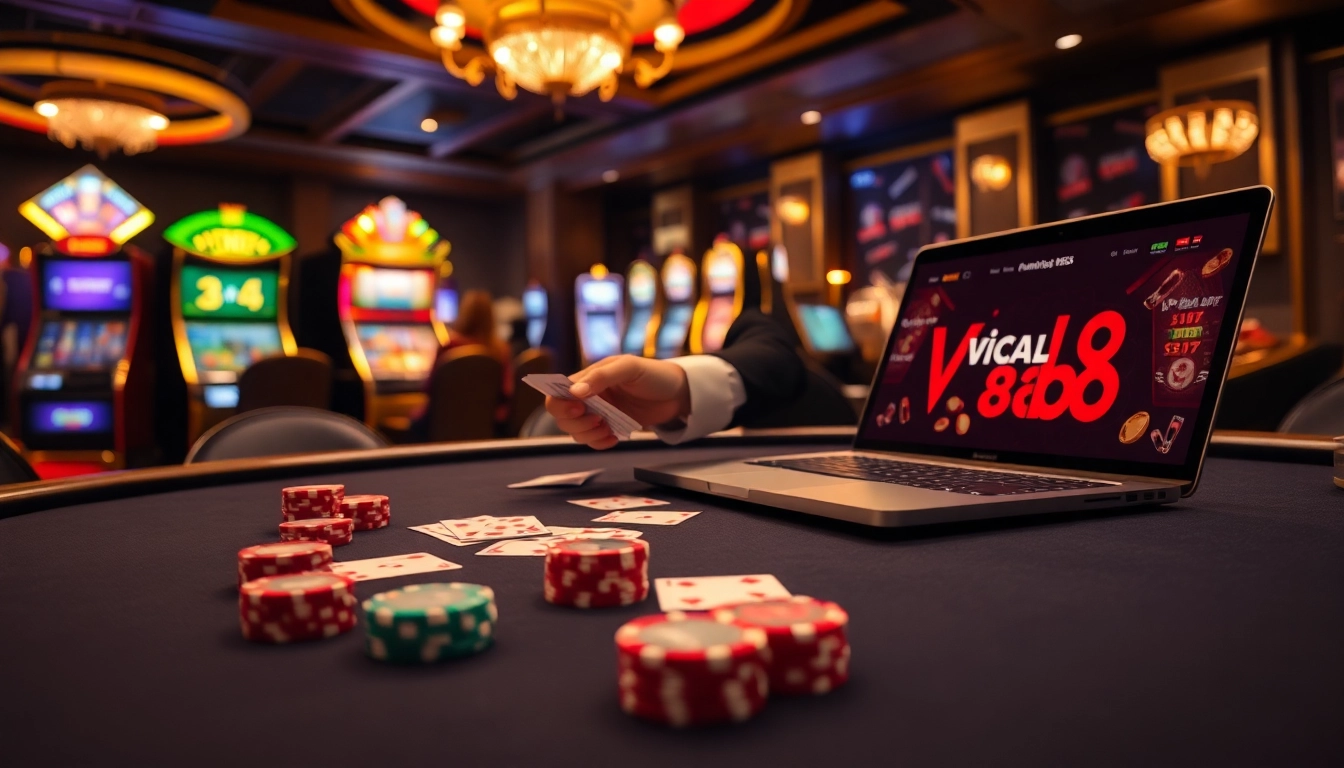 Experience the thrill of viral88 gambling with an elegant poker setup and vibrant casino ambiance.