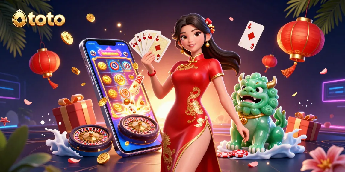 Experience thrilling toto gameplay with vibrant slot reels, golden cards and dynamic casino elements.