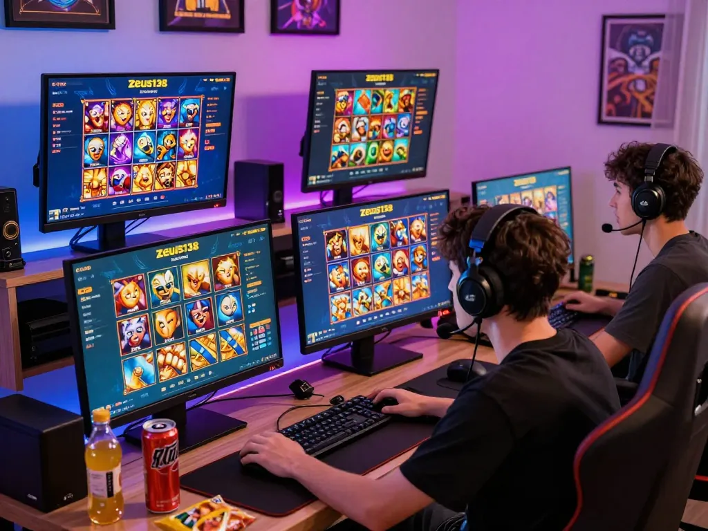 Engaging online gaming experience with Zeus138 slot games displayed on multiple screens in a vibrant home setup.