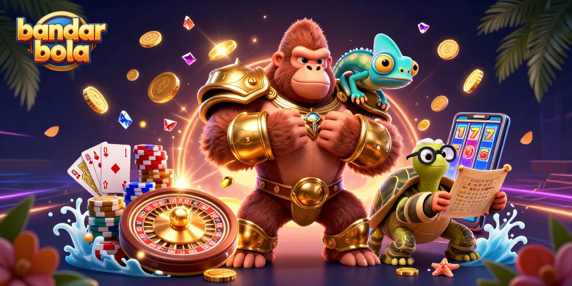 Experience the thrill of bandar bola with a powerful gorilla king, chameleon, and wise tortoise in a vibrant casino scene.